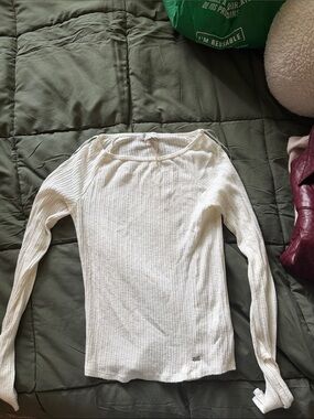 Pull&Bear Cream Ribbed Long Sleeve Top